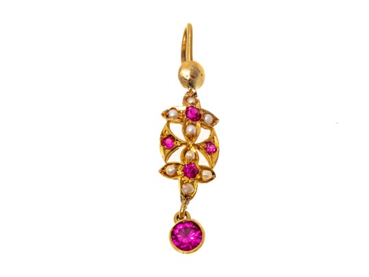 Fantastic 22K Seed Pearl And Pink Sapphire Drop Pendant