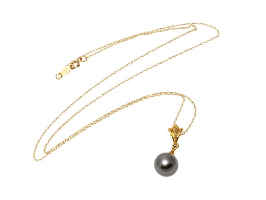 14k Yellow Gold Black Cultured Pearl Pendant Necklace