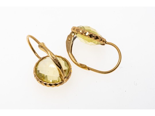14k Yellow Gold Lovely Round Checkerboard Yellow Citrine Earrings, App. 4.26 TCW