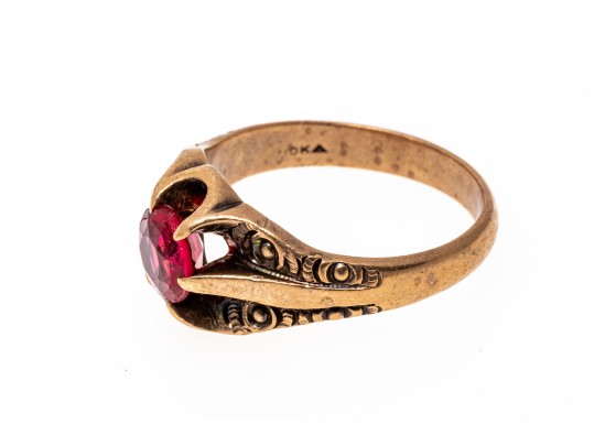 10k Rose Gold Handsome Vintage Chased Chunky Solitaire Ring, Size 10.75+