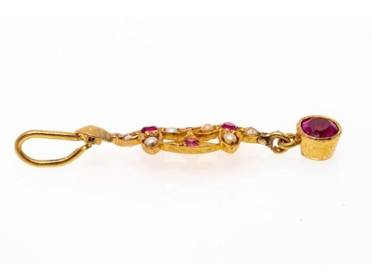 Fantastic 22K Seed Pearl And Pink Sapphire Drop Pendant