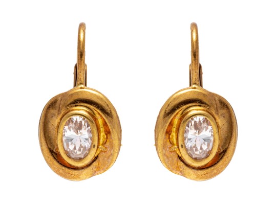 18k Yellow Gold Fun Swirl Framed Oval CZ Drop Earrings
