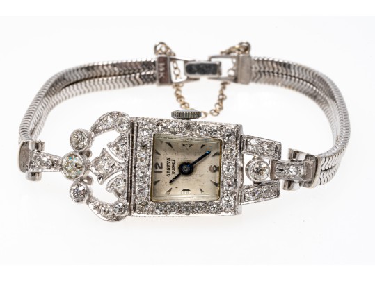 Geneva 14K, Platinum And Diamond Set Mechaincal Watch