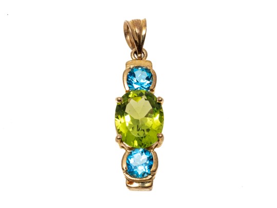 14k Yellow Gold Beautiful Blue Topaz And Peridot Stack Pendant
