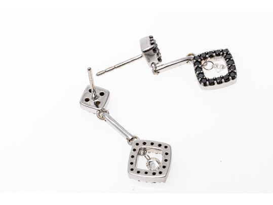 14k White Gold Striking Black Diamond And White Sapphire Drop Earrings