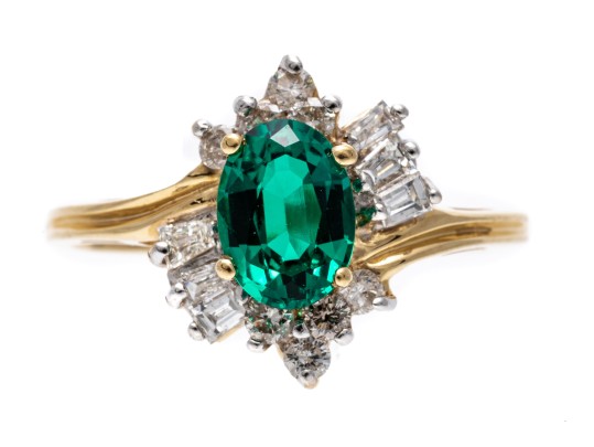 10K Yellow Gold Diamond And Green Stone Ring, Size 7