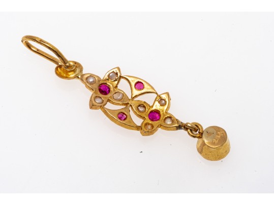 Fantastic 22K Seed Pearl And Pink Sapphire Drop Pendant