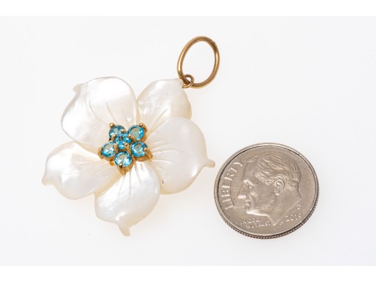 14k Yellow Gold, Mother-of-pearl And Blue Topaz Cluster Flower Pendant