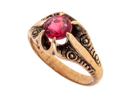 10k Rose Gold Handsome Vintage Chased Chunky Solitaire Ring, Size 10.75+
