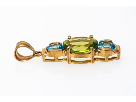 14k Yellow Gold Beautiful Blue Topaz And Peridot Stack Pendant