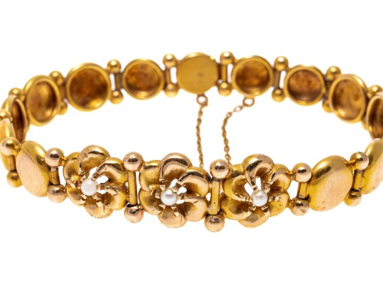 14k Yellow Gold Pretty Flower And Circle Link Bracelet
