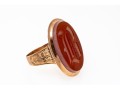 14k Gold Antique Striking Chunky Carnelian Initial Ring, Patterned Sides, Size 8.5