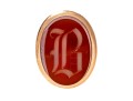 14k Gold Antique Striking Chunky Carnelian Initial Ring, Patterned Sides, Size 8.5