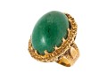 14k Yellow Gold Striking Chunky Vintage Oval Cabachon Green Jade Ring, Size 5.25