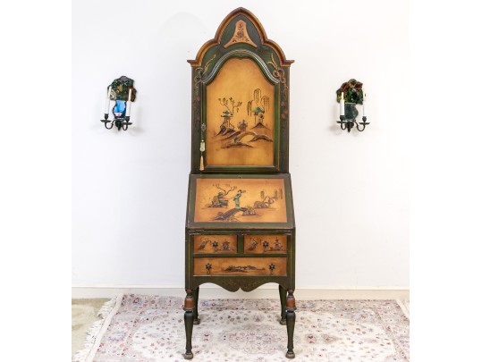 Chinoiserie Hand Paint Decorated Secretary Bookcase, Ca. 1920 Or Earlier
