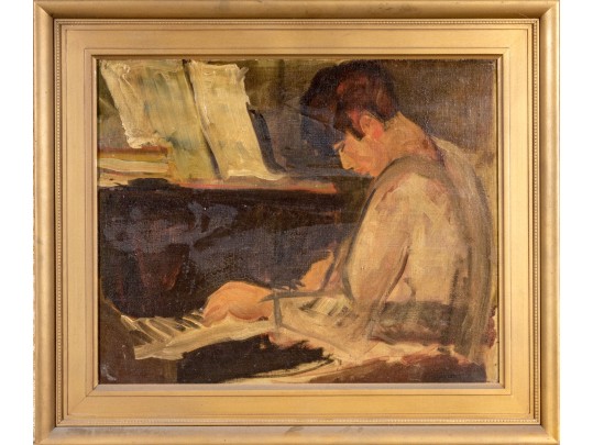 Oil On Board Boy Playing Piano