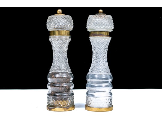 Pair Of Crystal And Brass Salt And Pepper Shakers