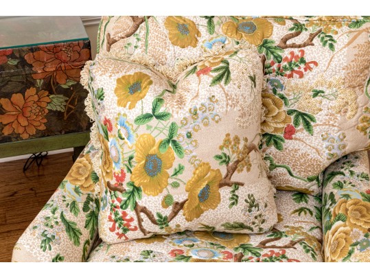 Vintage Pair Of Kindel Fine Floral Chintz Upholstered Club Chairs, With Accent Pillows