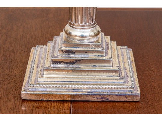 Neoclassical Style Pair Of Silver Plated Candlestick Form Table Lamps