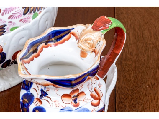 Vintage English Chinoiserie Ceramic Footed Bowl With Ewer