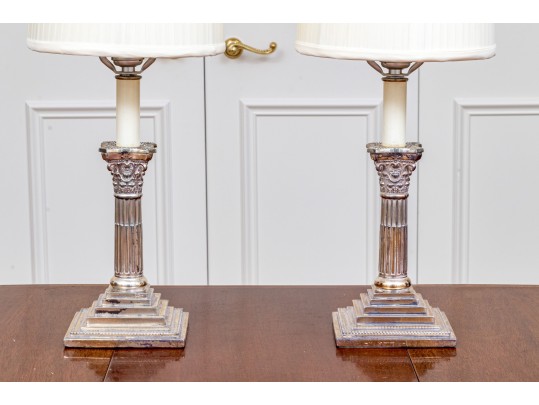 Neoclassical Style Pair Of Silver Plated Candlestick Form Table Lamps