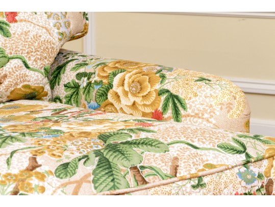 Vintage Pair Of Kindel Fine Floral Chintz Upholstered Club Chairs, With Accent Pillows