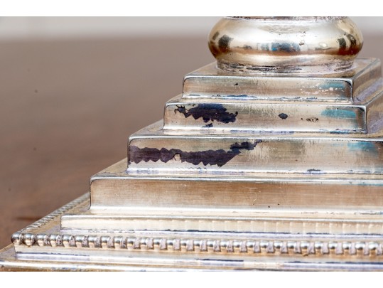 Neoclassical Style Pair Of Silver Plated Candlestick Form Table Lamps