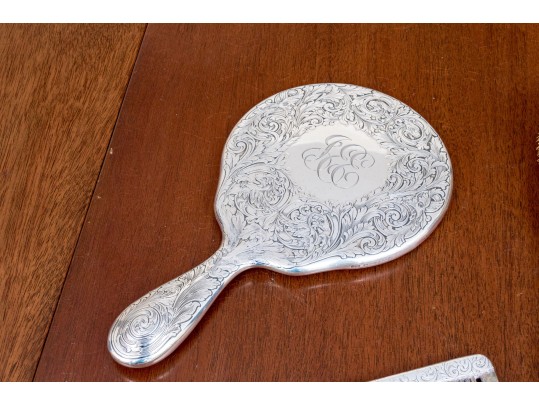 Antique Three Piece Sterling Silver Mounted Vanity Set
