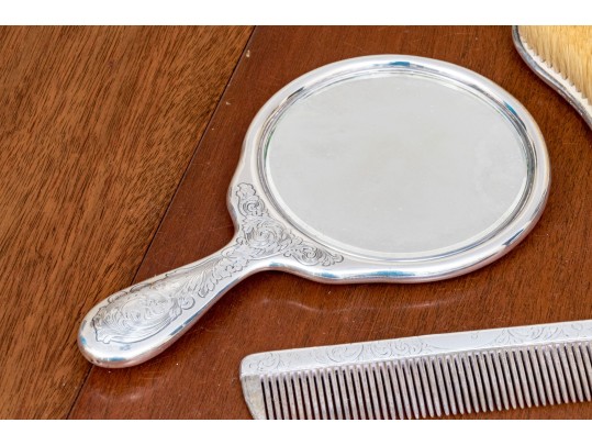 Antique Three Piece Sterling Silver Mounted Vanity Set