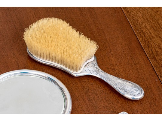 Antique Three Piece Sterling Silver Mounted Vanity Set
