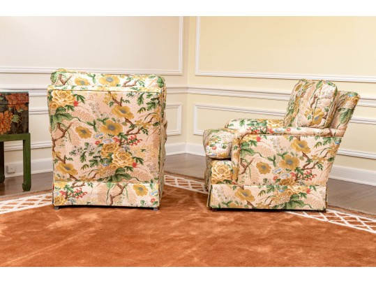 Vintage Pair Of Kindel Fine Floral Chintz Upholstered Club Chairs, With Accent Pillows