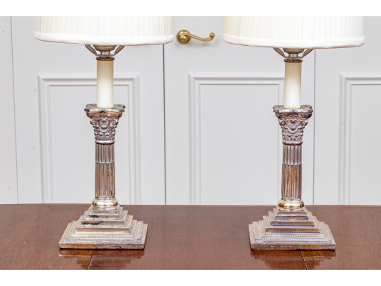 Neoclassical Style Pair Of Silver Plated Candlestick Form Table Lamps