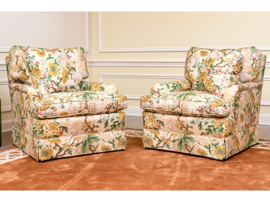 Vintage Pair Of Kindel Fine Floral Chintz Upholstered Club Chairs, With Accent Pillows