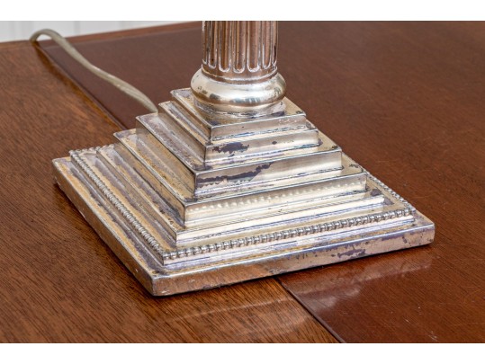 Neoclassical Style Pair Of Silver Plated Candlestick Form Table Lamps