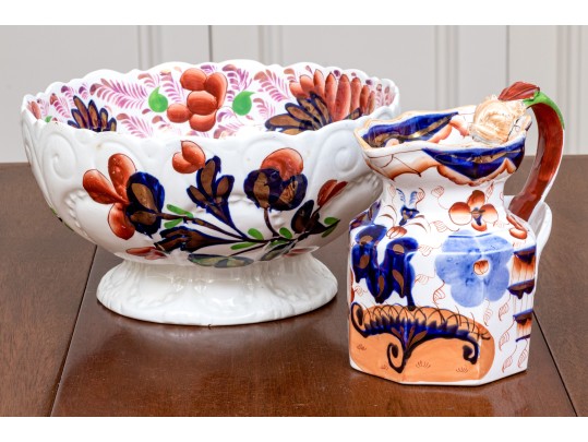 Vintage English Chinoiserie Ceramic Footed Bowl With Ewer