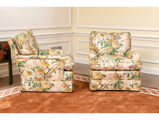 Vintage Pair Of Kindel Fine Floral Chintz Upholstered Club Chairs, With Accent Pillows