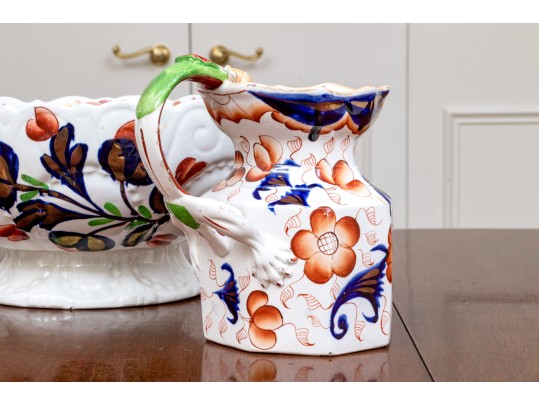 Vintage English Chinoiserie Ceramic Footed Bowl With Ewer