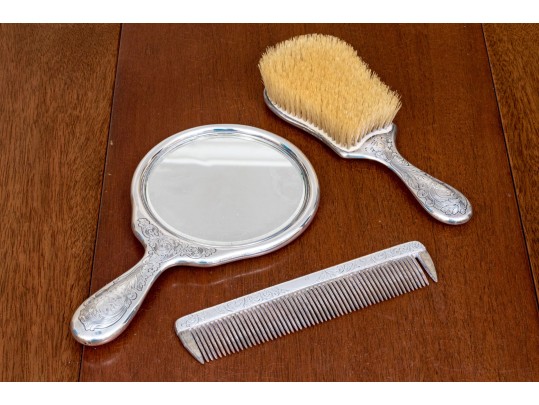 Antique Three Piece Sterling Silver Mounted Vanity Set