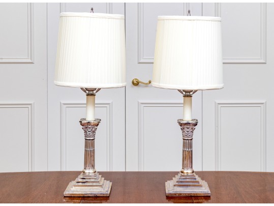 Neoclassical Style Pair Of Silver Plated Candlestick Form Table Lamps