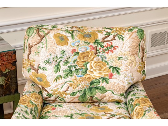 Vintage Pair Of Kindel Fine Floral Chintz Upholstered Club Chairs, With Accent Pillows