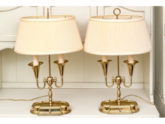 Elegant Vintage Pair Of Two Light Brass Table Lamps