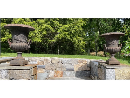 Pair Of Vintage Iron Neoclassical Garden Urns