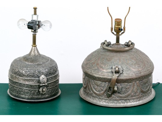 Set Of Two Middle Eastern Repousse Vessels, Mounted As Table Lamps