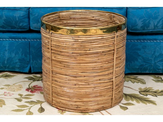 Fantastic Mid-Century Rattan And Brass Planter Basket