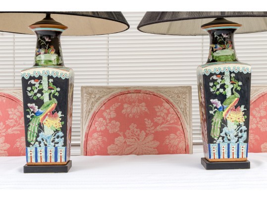 Pair Of Chinese Famille Noire Porcelain Vases, Mounted As Table Lamps