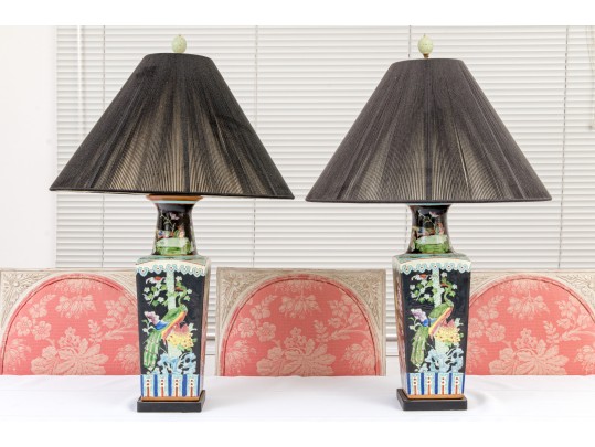 Pair Of Chinese Famille Noire Porcelain Vases, Mounted As Table Lamps