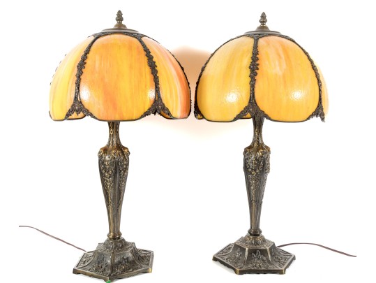 1960's Cast Brass Lion Head & Slag Glass Table Lamps