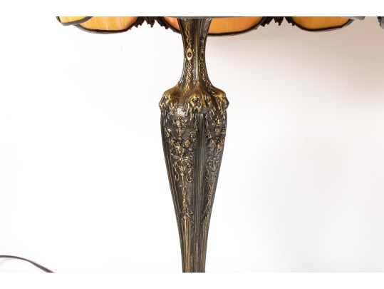 1960's Cast Brass Lion Head & Slag Glass Table Lamps