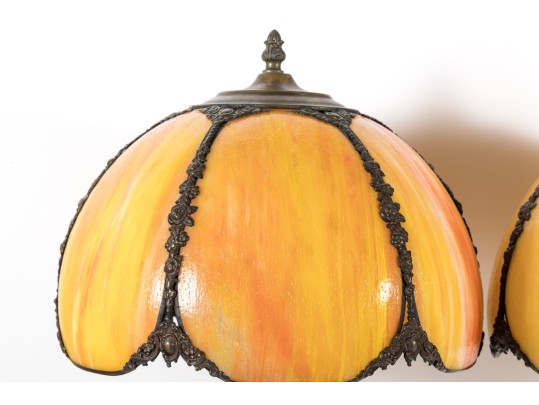 1960's Cast Brass Lion Head & Slag Glass Table Lamps