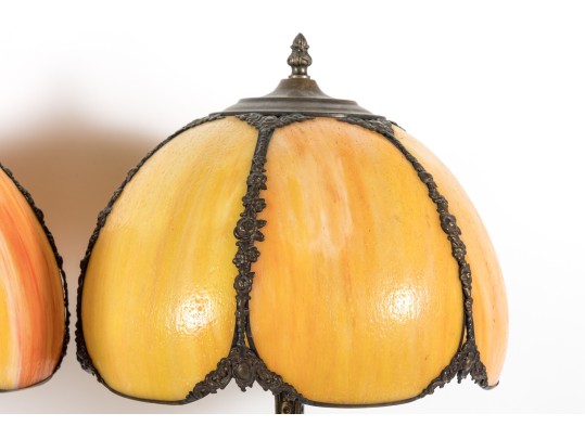 1960's Cast Brass Lion Head & Slag Glass Table Lamps